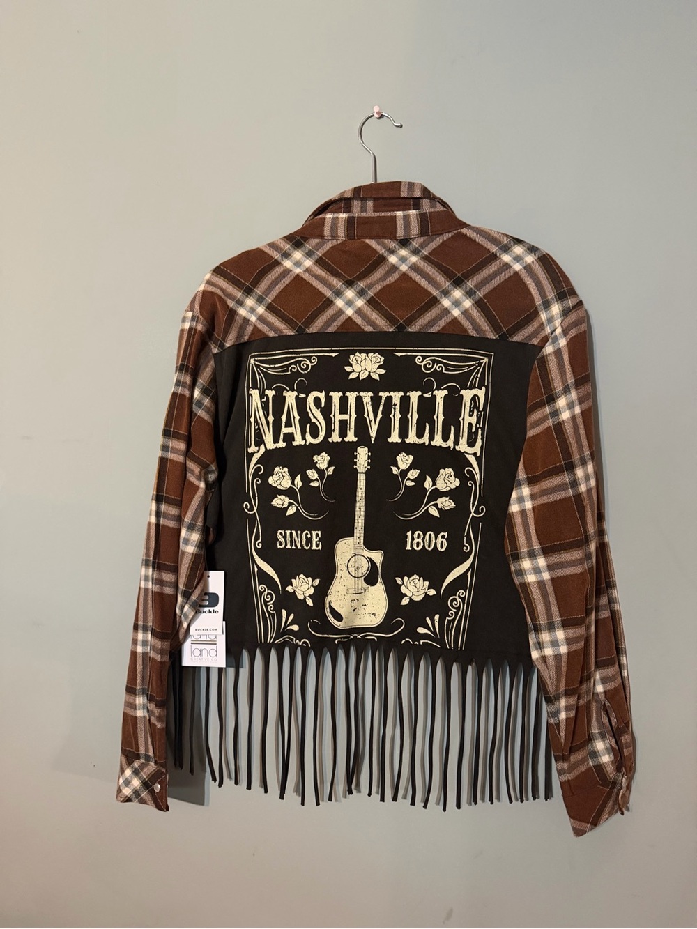 Buckle Brown Plaid Fringe Nashville Graphic Jacket
